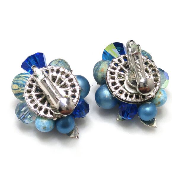 Vendome Blue Beaded Clip Earrings, Aurora Borealis, Silver Leaves, 1960s Vintage - Picture 7 of 10